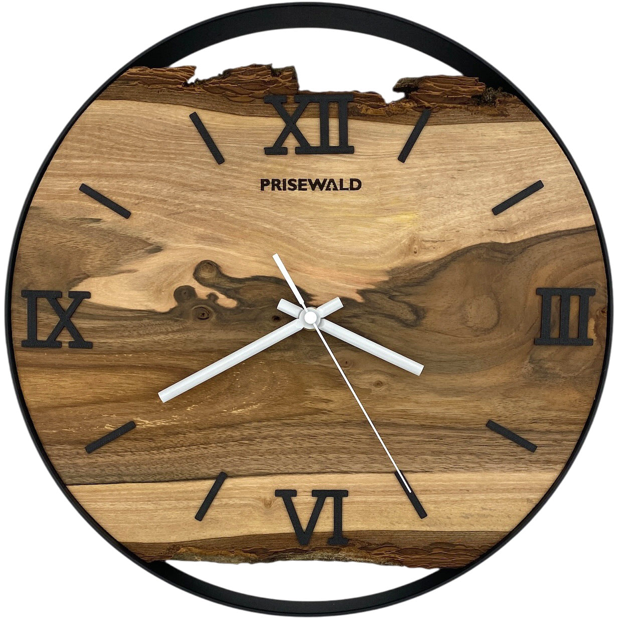 Horloge murale ronde en noyer, 35 cm, cadre noir, chiffres romains