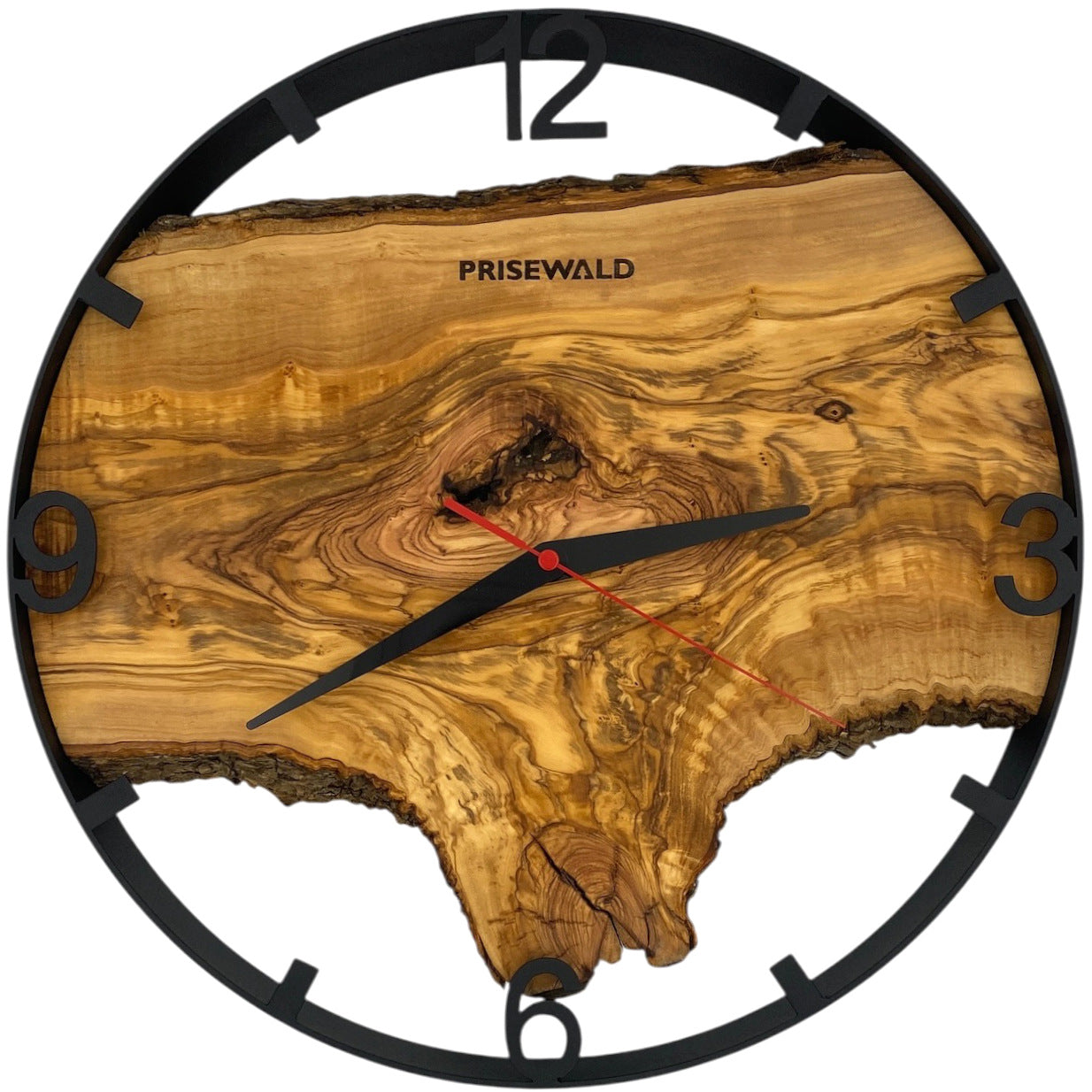 Horloge murale ronde en bois d'olivier, 35 cm, cadre noir, chiffres arabes
