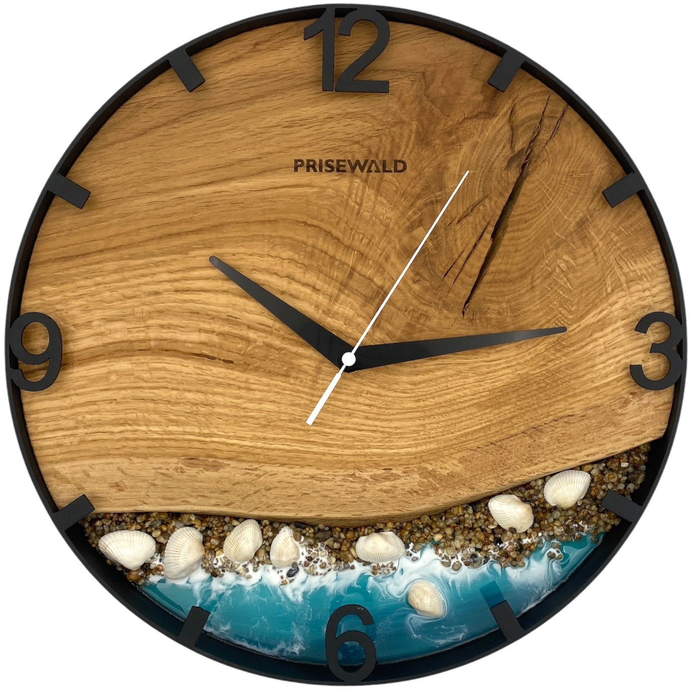 Runde Wanduhr aus Eichenholz, 35 cm, schwarzer Rahmen, arabische Ziffern, türkises Epoxidharz, Steine, Muscheln