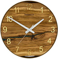Runde Wanduhr aus Olivenholz, 35 cm, goldener Rahmen, arabische Ziffern, türkises Epoxidharz, Fluss