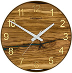 Round wall clock made of olive wood, 35 cm, black frame, Arabic numerals