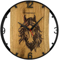 Runde Wanduhr aus Eichenholz, 35 cm, schwarzer Rahmen, arabische Ziffern, Pferdekopf