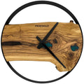Runde Wanduhr aus Olivenholz, 35 cm, schwarzer Rahmen, keine Ziffern, türkises Epoxidharz, kleiner See
