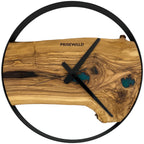 Runde Wanduhr aus Olivenholz, 35 cm, schwarzer Rahmen, keine Ziffern, türkises Epoxidharz, kleiner See