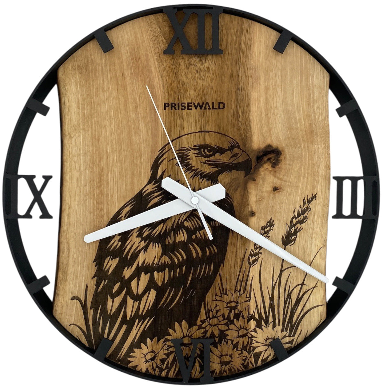 Runde Wanduhr aus Walnussholz, 35 cm, schwarzer Rahmen, römische Ziffern, Adler