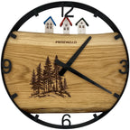 Round oak wall clock, 35 cm, black frame, Arabic numerals, conifers