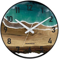 Runde Wanduhr aus Walnussholz, 35 cm, schwarzer Rahmen, arabische Ziffern, türkises Epoxidharz