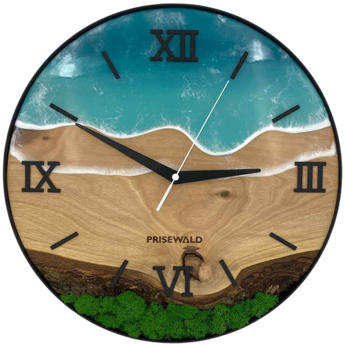 Runde Wanduhr aus Walnussholz, 35 cm, schwarzer Rahmen, römische Ziffern, türkises Epoxidharz, grünes Moos