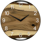 Runde Wanduhr aus Walnussholz, 35 cm, silberner Rahmen, silberne arabische Ziffern