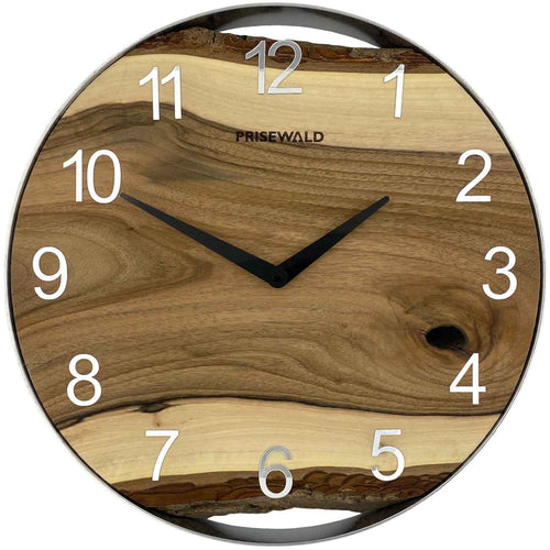 Runde Wanduhr aus Walnussholz, 35 cm, silberner Rahmen, silberne arabische Ziffern
