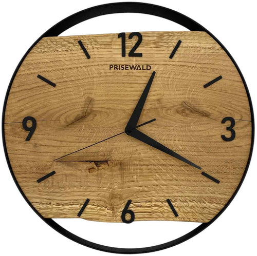 Runde Wanduhr aus Eichenholz, 35 cm, schwarzer Rahmen, arabische Ziffern