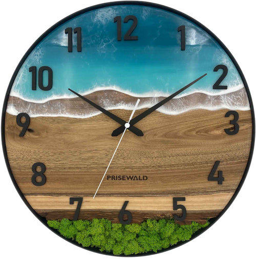 Runde Wanduhr aus Walnussholz, 35 cm, schwarzer Rahmen, arabische Ziffern, türkises Epoxidharz, grünes Moos