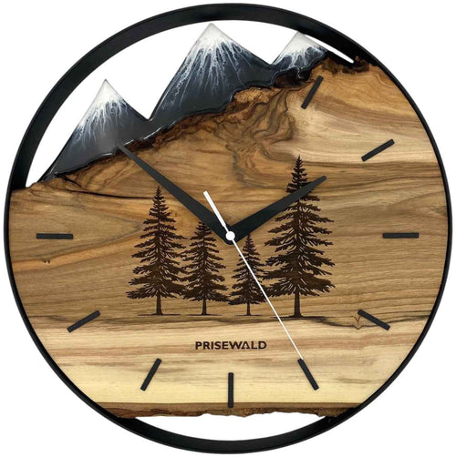 Runde Wanduhr aus Walnussholz, 35 cm, schwarzer Rahmen, Teilstriche Ziffern, Nadelbäume, schwarzes Epoxidharz, Schneebedeckte Berge im Hintergrund