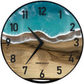 Runde Wanduhr aus Walnussholz, 35 cm, schwarzer Rahmen, arabische Ziffern, türkises Epoxidharz