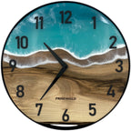 Horloge murale ronde en chêne, 35 cm, cadre noir, chiffres arabes, époxy bleu, baleines