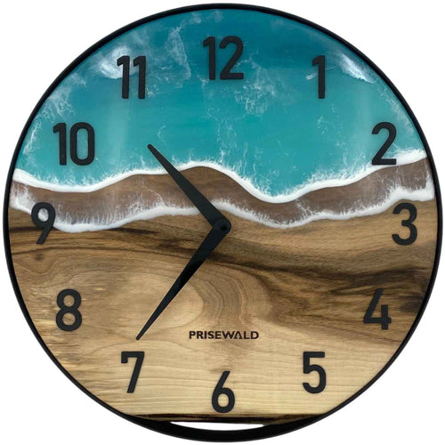 Runde Wanduhr aus Walnussholz, 35 cm, schwarzer Rahmen, arabische Ziffern, türkises Epoxidharz