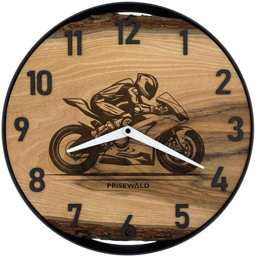 Runde Wanduhr aus Walnussholz, 35 cm, schwarzer Rahmen, arabische Ziffern, Rennmotorräder
