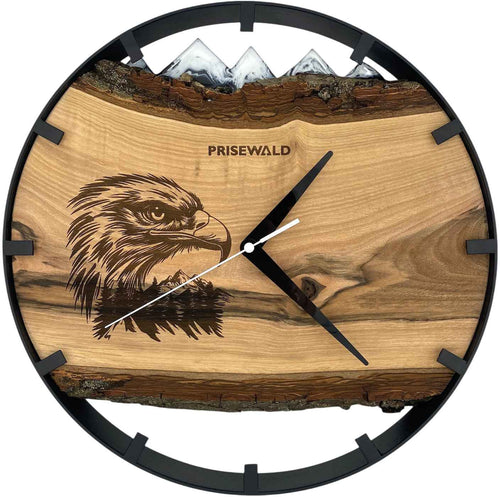 Runde Wanduhr aus Walnussholz, 35 cm, schwarzer Rahmen, Teilstriche Ziffern, Adlerkopf, schwarzes Epoxidharz, Schneebedeckte Berge im Hintergrund