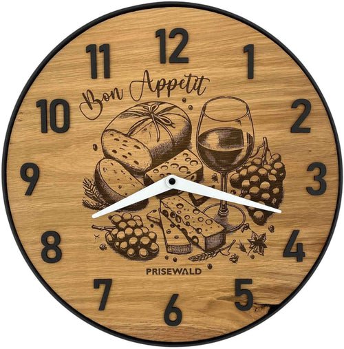 Runde Wanduhr aus Eichenholz, 35 cm, schwarzer Rahmen, arabische Ziffern, Käseplatte und Wein, Bon Appetit
