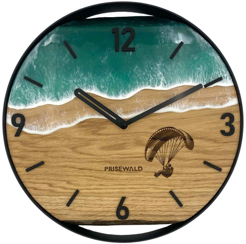 Runde Wanduhr aus Eichenholz, 35 cm, schwarzer Rahmen, arabische Ziffern, türkises Epoxidharz, Paraglider
