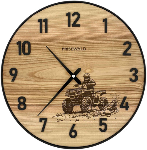 Runde Wanduhr aus Eschenholz, 35 cm, schwarzer Rahmen, arabische Ziffern, ATV, Quad