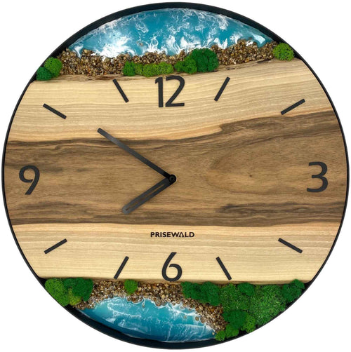 Runde Wanduhr aus Walnussholz, 50 cm, schwarzer Rahmen, arabische Ziffern, türkises Epoxidharz, grünes Moos, Steine, Küste