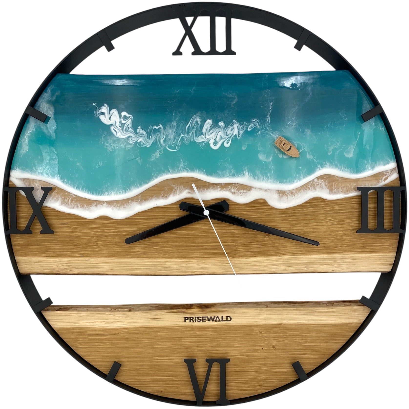 Horloge murale ronde en chêne, 50 cm, cadre noir, graduations chiffrées, résine époxy turquoise, mousse verte, pierres, deux tortues