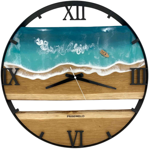 Runde Wanduhr aus Eichenholz, 50 cm, schwarzer Rahmen, römische Ziffern, türkises Epoxidharz, Motorboot auf dem Wasser