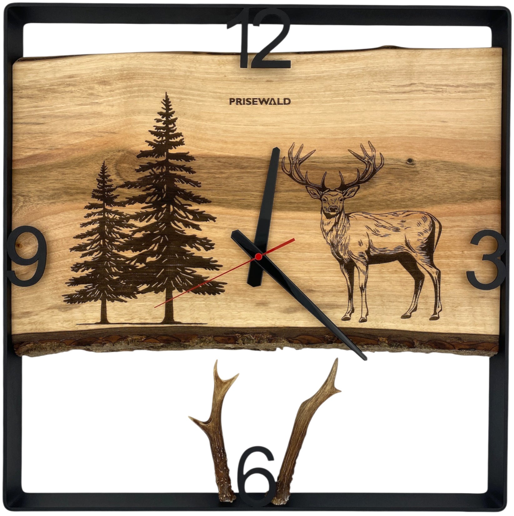 Quadratische Wanduhr aus Walnussholz, 50 cm, schwarzer Rahmen, arabische Ziffern, Ein Hirsch im Nadelwald, Geweih