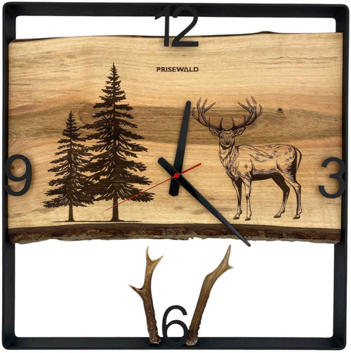 Quadratische Wanduhr aus Walnussholz, 50 cm, schwarzer Rahmen, arabische Ziffern, Ein Hirsch im Nadelwald, Geweih