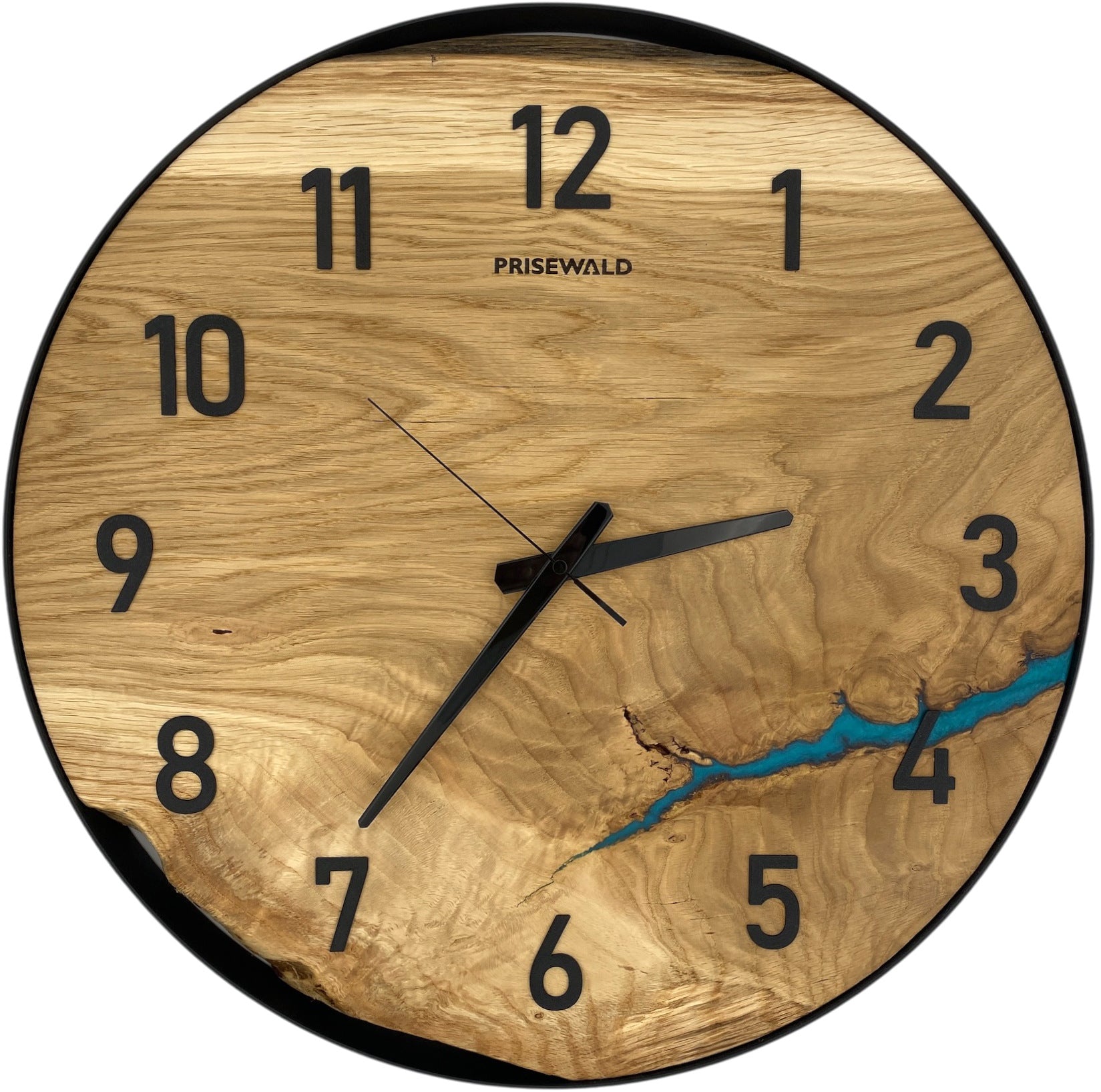 Runde Wanduhr aus Eichenholz, 50 cm, schwarzer Rahmen, arabische Ziffern, türkises Epoxidharz, Fluss