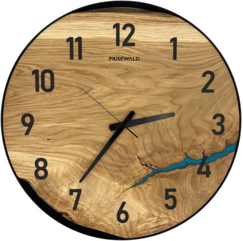 Runde Wanduhr aus Eichenholz, 50 cm, schwarzer Rahmen, arabische Ziffern, türkises Epoxidharz, Fluss