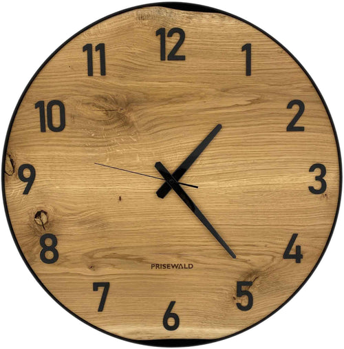 Runde Wanduhr aus Eichenholz, 50 cm, schwarzer Rahmen, arabische Ziffern