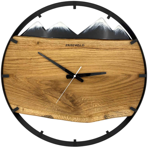 Runde Wanduhr aus Eichenholz, 50 cm, schwarzer Rahmen, Teilstriche Ziffern, schwarzes Epoxidharz, Schneebedeckte Berge im Hintergrund