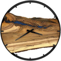 Runde Wanduhr aus Walnussholz, 50 cm, schwarzer Rahmen, Teilstriche Ziffern, blaues Epoxidharz, Fluss