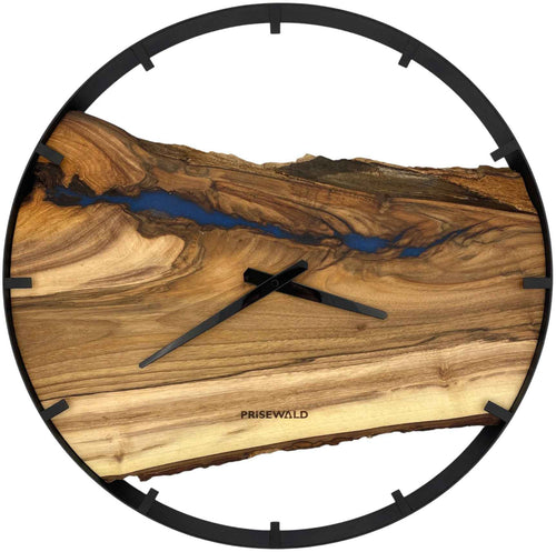 Runde Wanduhr aus Walnussholz, 50 cm, schwarzer Rahmen, Teilstriche Ziffern, blaues Epoxidharz, Fluss