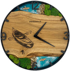 Horloge murale ronde en chêne, 50 cm, cadre noir, graduations chiffrées, résine époxy turquoise, mousse verte