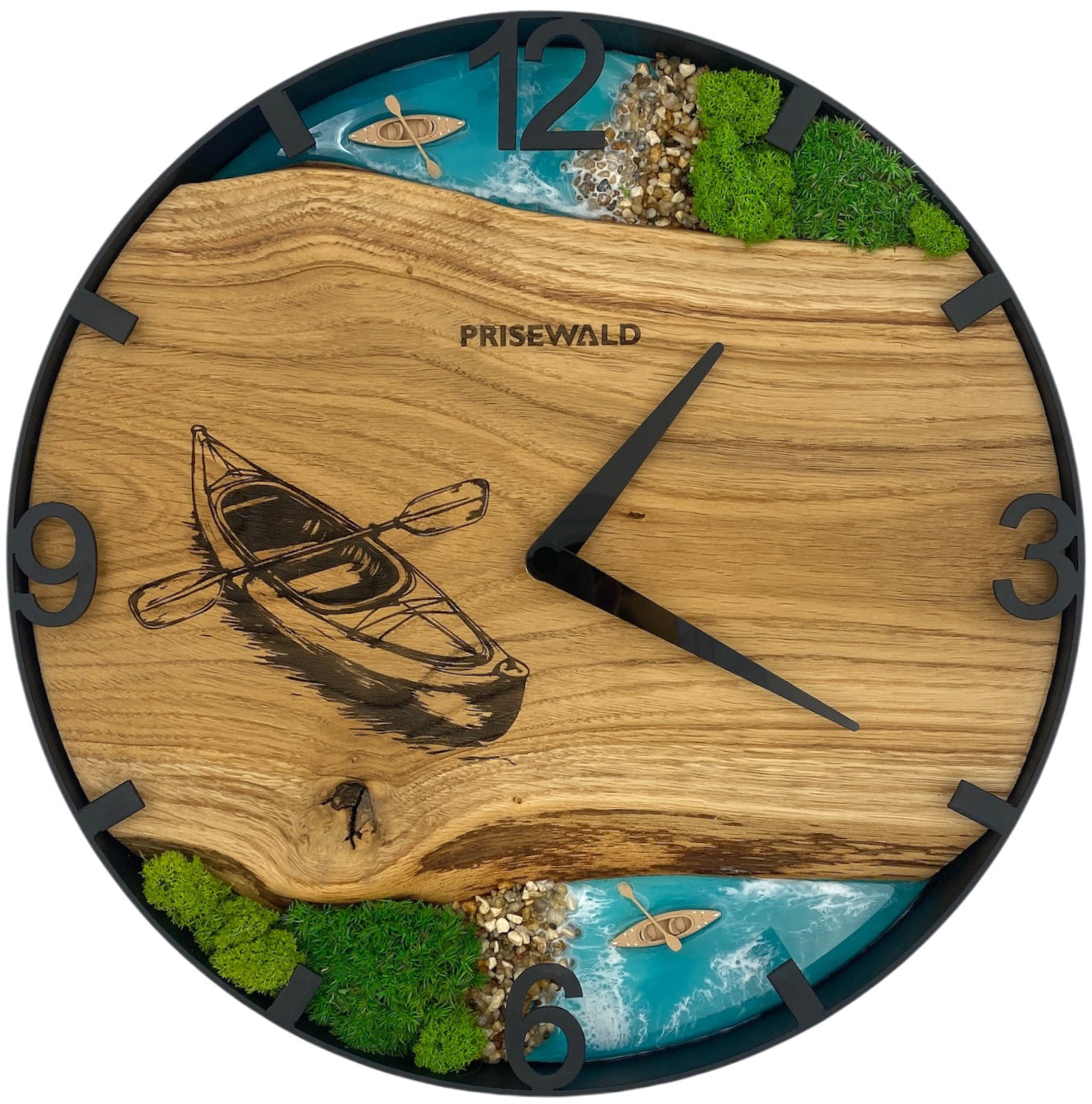 Horloge murale ronde en chêne, 50 cm, cadre noir, graduations chiffrées, résine époxy turquoise, mousse verte