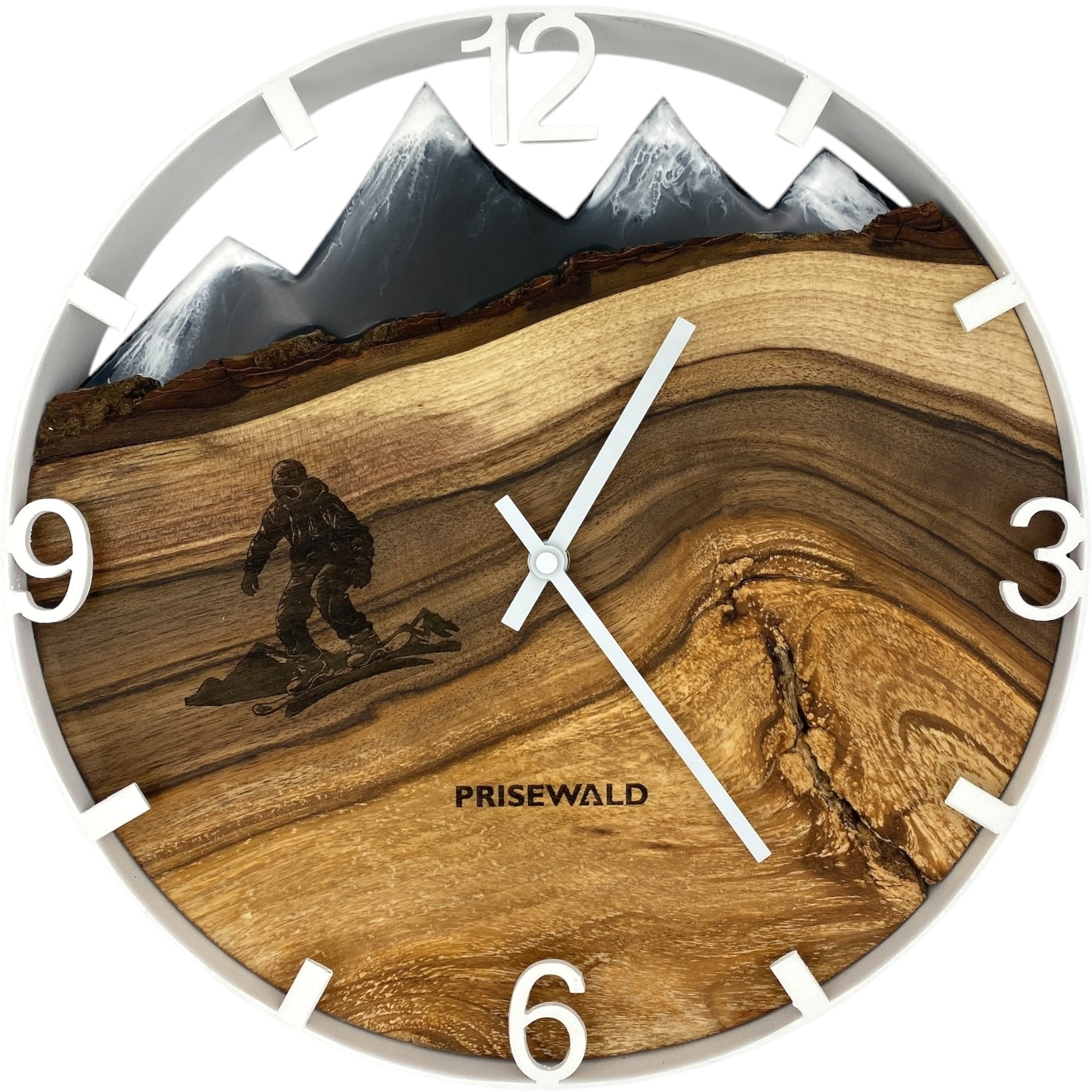 Horloge murale ronde en noyer, 50 cm, cadre blanc, résine époxy noire, snowboardeur, montagnes enneigées en arrière-plan