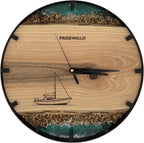 Horloge murale ronde en noyer, 35 cm, cadre noir, chiffres partiels, résine époxy turquoise, mousse verte, île, planche de surf, côte