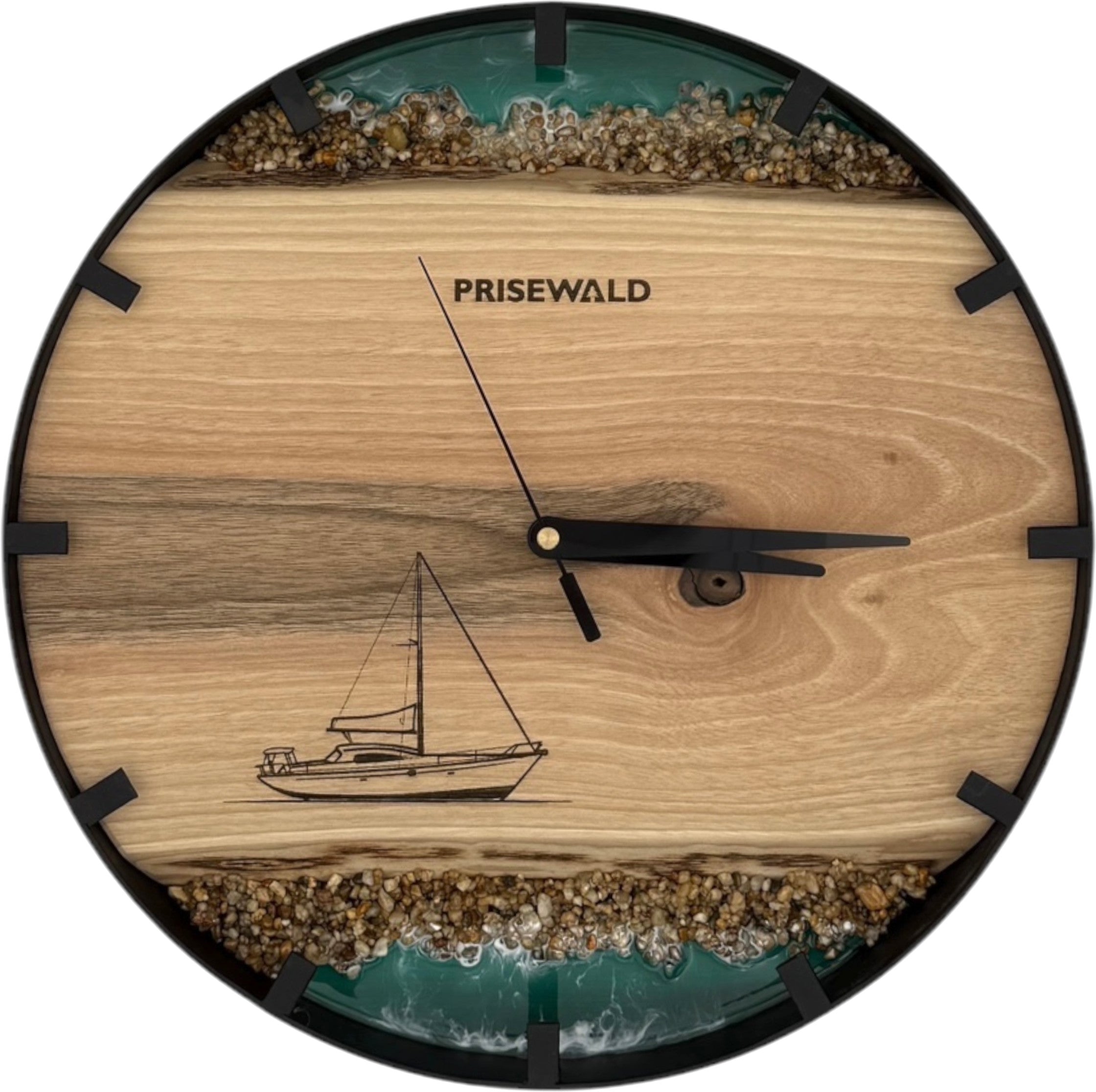 Horloge murale ronde en noyer, 35 cm, cadre noir, chiffres partiels, résine époxy turquoise, mousse verte, île, planche de surf, côte
