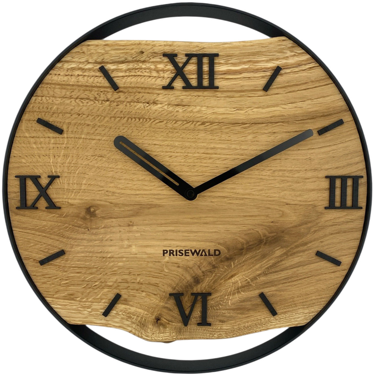 Horloge murale ronde en chêne, 50 cm, cadre noir, chiffres romains, conifères