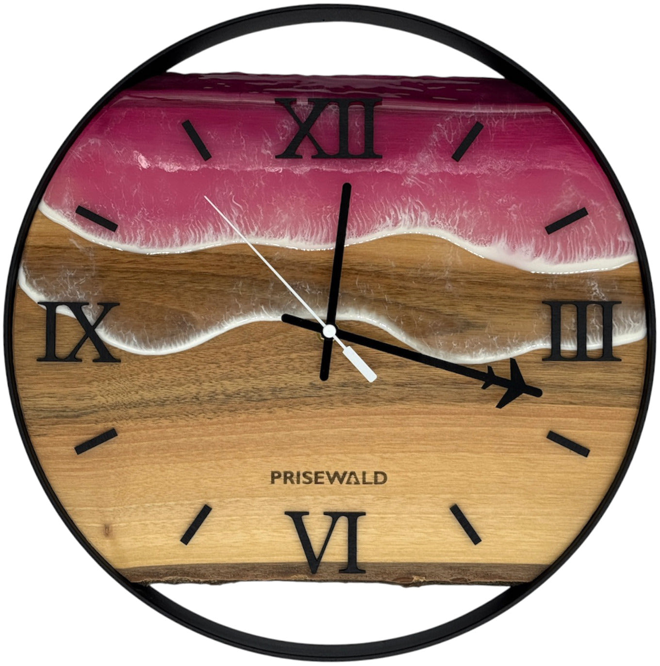 Horloge murale ronde en noyer, 50 cm, cadre noir, chiffres romains, forêt de sapins