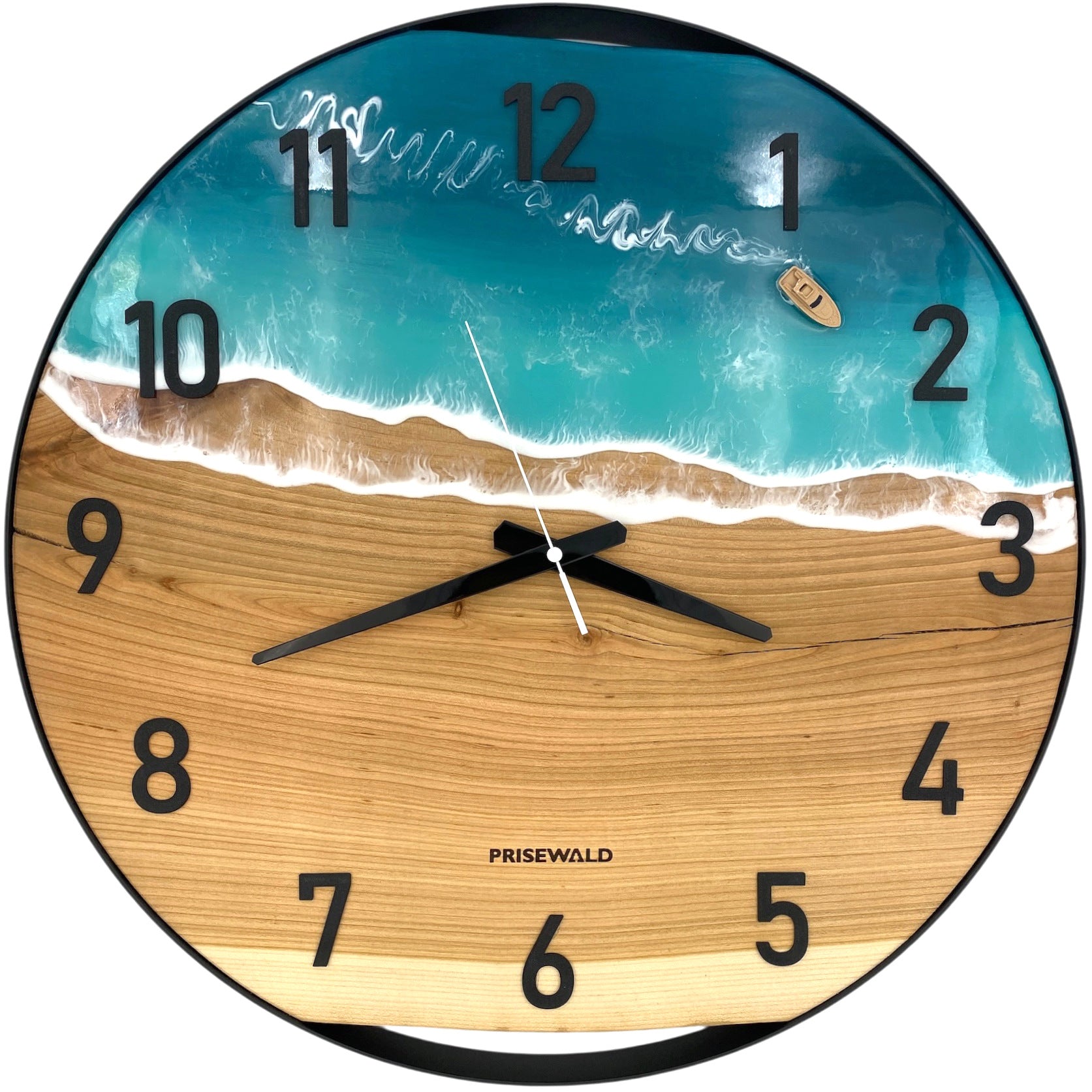 Runde Wanduhr aus Eschenholz, 50 cm, schwarzer Rahmen, arabische Ziffern, blaues Epoxidharz, Motorboot