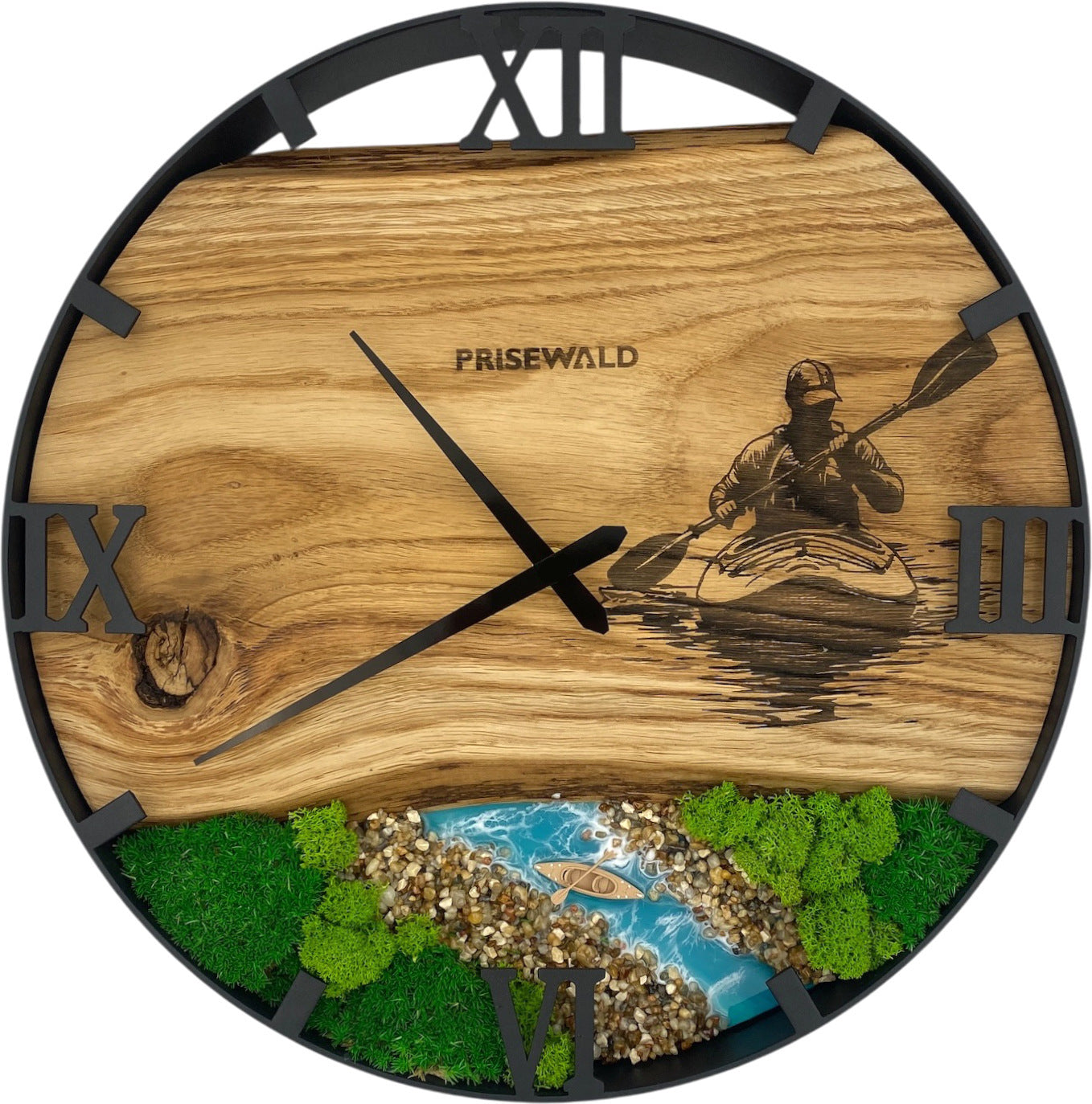 Horloge murale ronde en bois de frêne, 50 cm, cadre noir, chiffres romains, résine époxy turquoise, mousse verte, pierres, côte