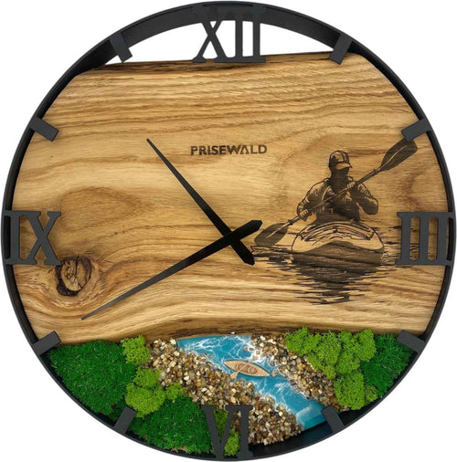 Runde Wanduhr aus Eichenholz, 35 cm, schwarzer Rahmen, römische Ziffern, Kajakfahrer, türkises Epoxidharz, grünes Moos, Steine, Küste