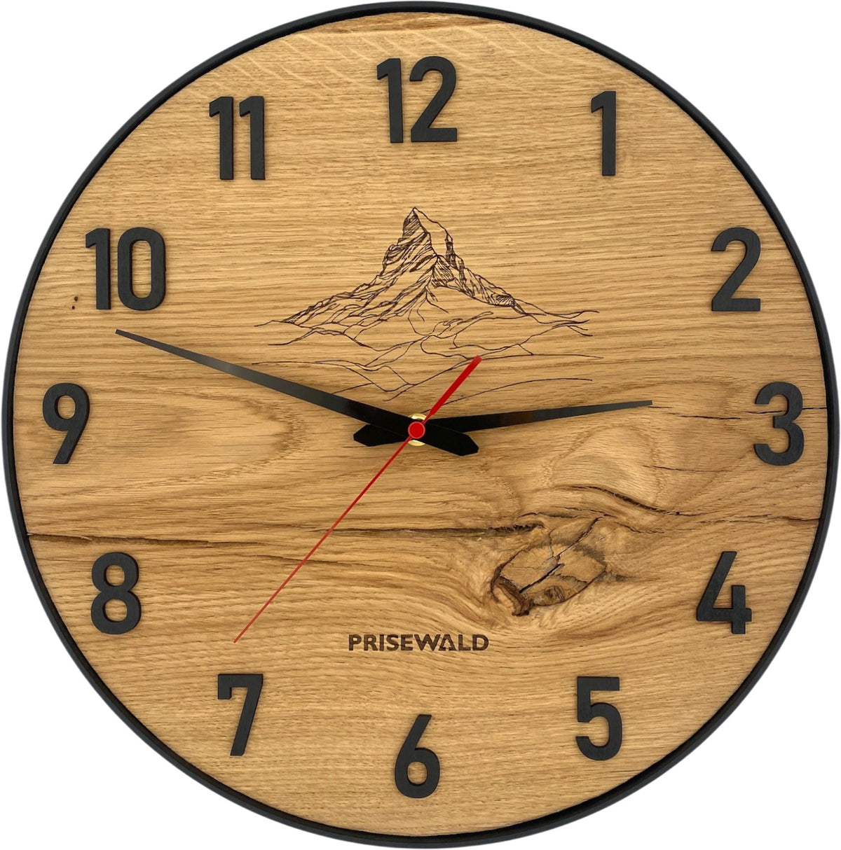 Runde Wanduhr aus Eichenholz, 35 cm, schwarzer Rahmen, arabische Ziffern, Matterhorn
