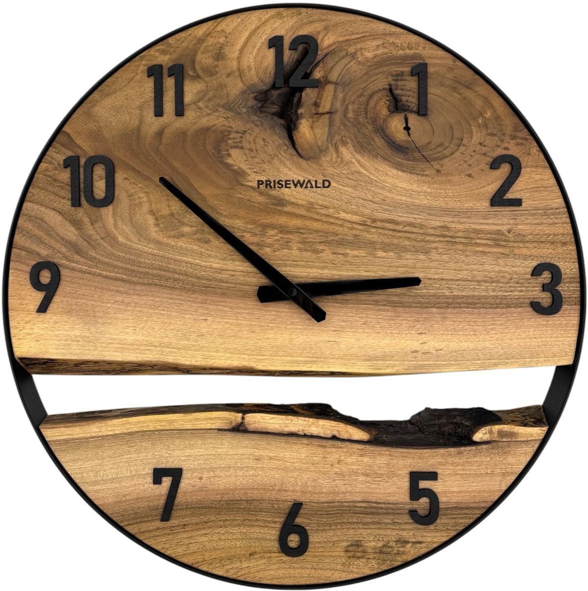 Runde Wanduhr aus Walnussholz, 50 cm, schwarzer Rahmen, arabische Ziffern