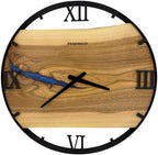 Runde Wanduhr aus Walnussholz, 50 cm, schwarzer Rahmen, römische Ziffern, blaues Epoxidharz, Fluss