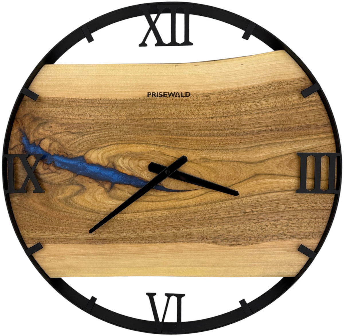 Runde Wanduhr aus Walnussholz, 50 cm, schwarzer Rahmen, römische Ziffern, blaues Epoxidharz, Fluss